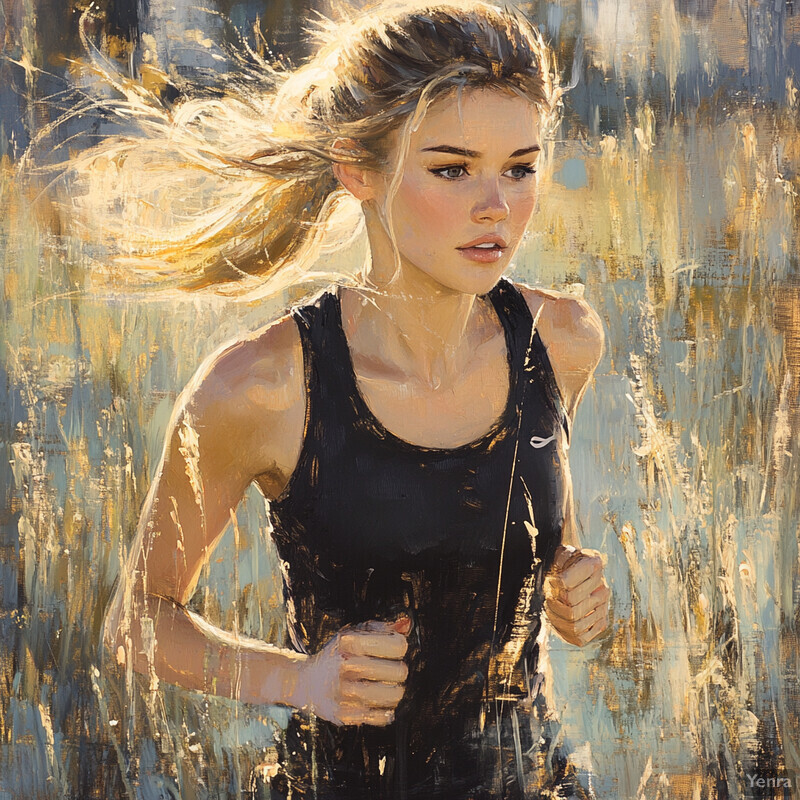 Oil painting of a woman running with flowing hair