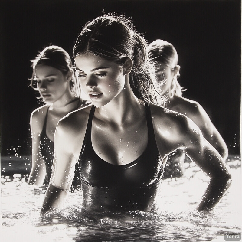 Three women in swimsuits running through shallow water