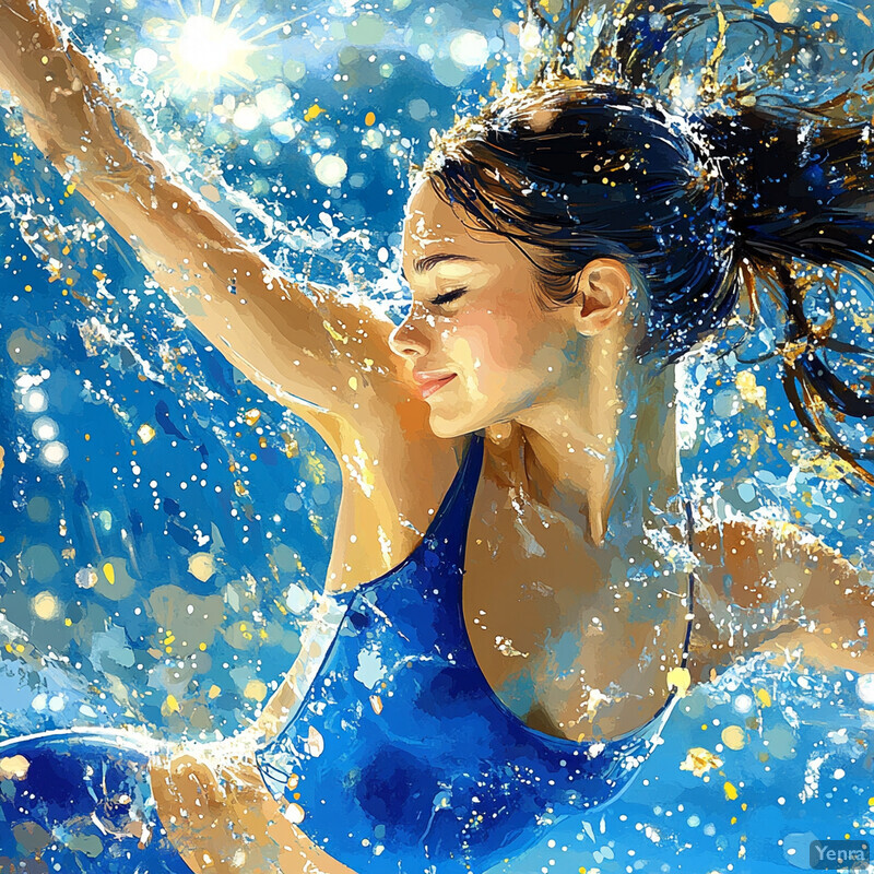 A woman in a blue swimsuit dives underwater with her arms outstretched and legs bent behind her, surrounded by splashing water and a bright blue background.