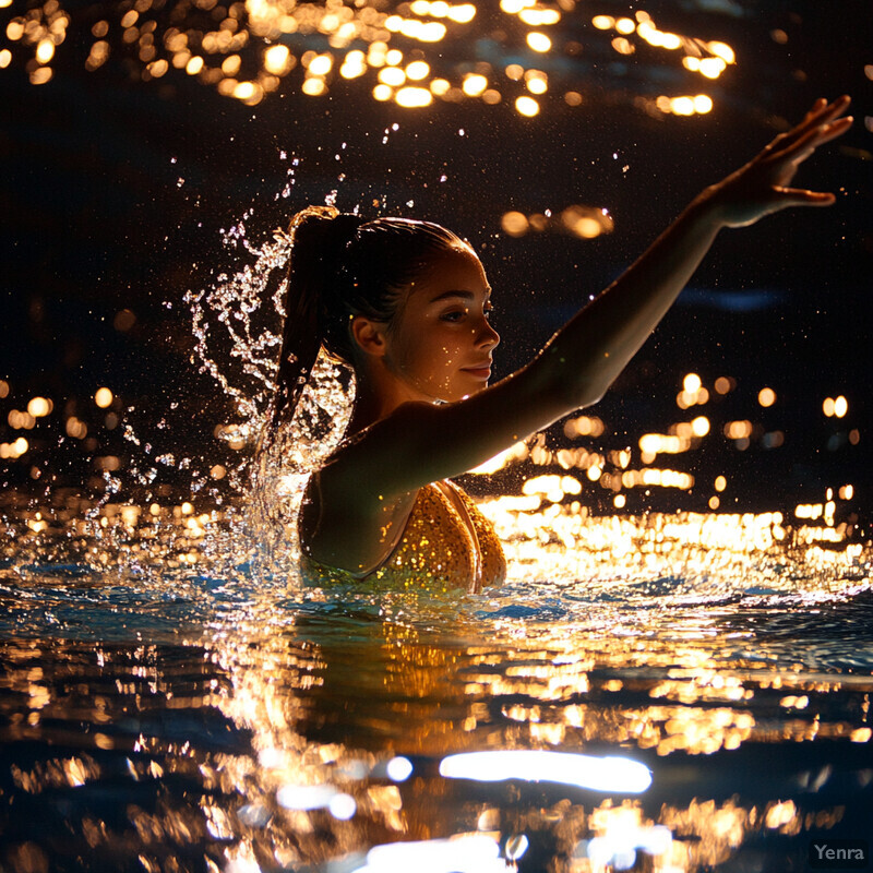 A woman swims in a pool at night, surrounded by lights and water splashes.