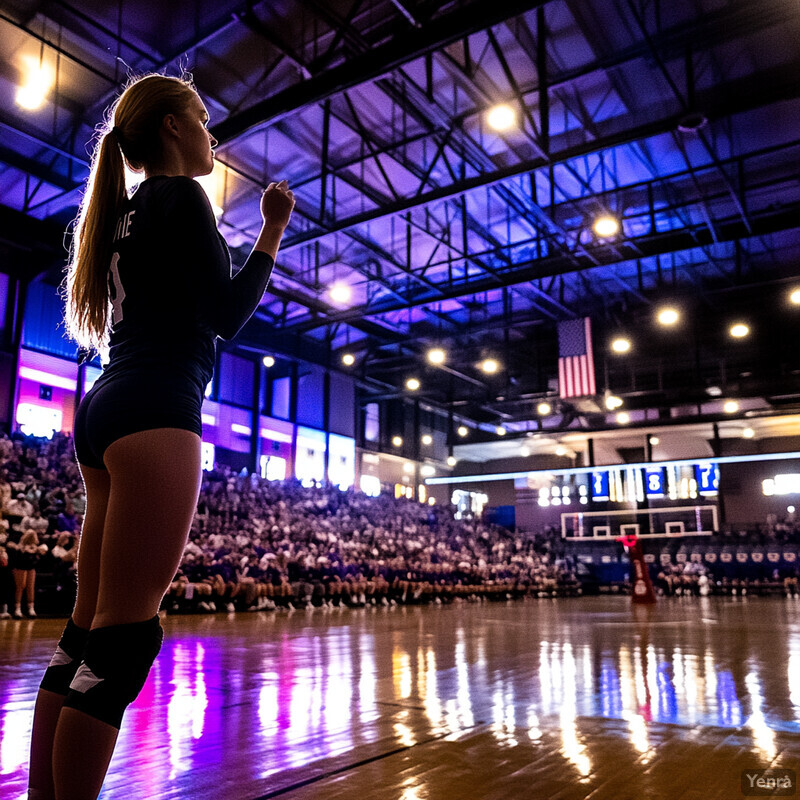 A woman stands on a volleyball court, ready to play.