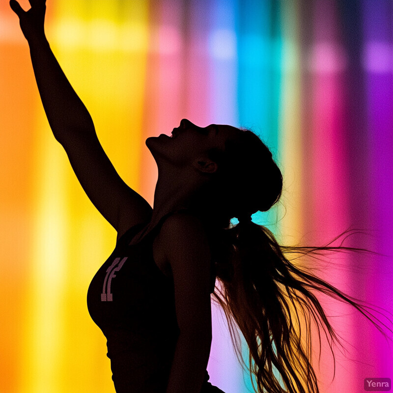 A woman with long brown hair tied into a ponytail is raising her left arm towards the sky while wearing a black tank top.