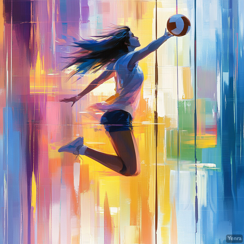 A dynamic image of a woman leaping towards the right side of the frame with a volleyball, conveying a sense of athleticism and energy.