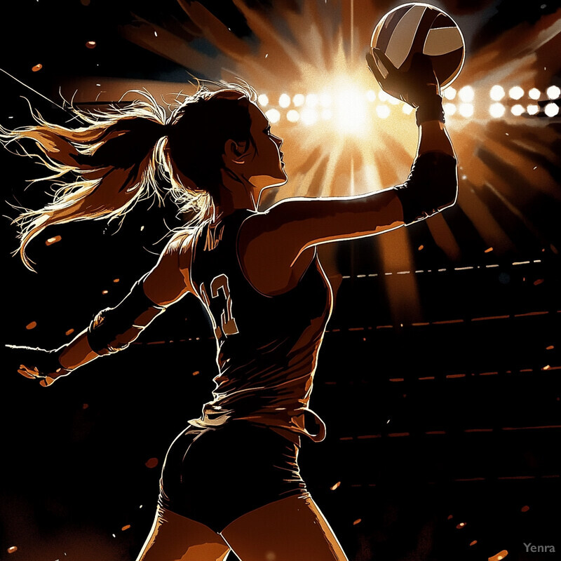 A woman in a black sports uniform holds a volleyball above her head in a dimly lit sports arena.