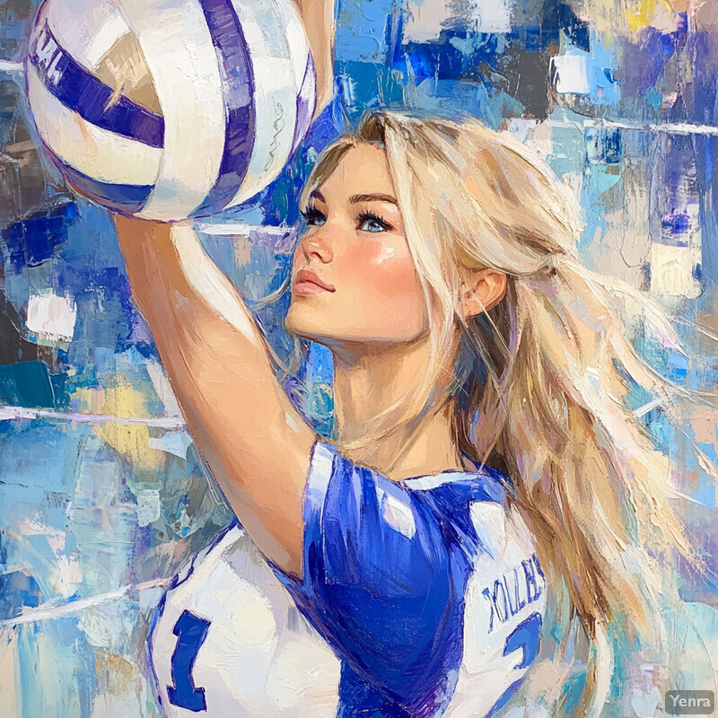 A young woman in a blue and white volleyball jersey holding a volleyball with a purple stripe.