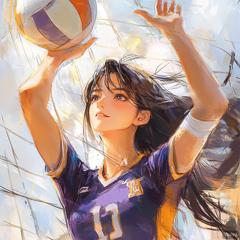 A young woman in a purple jersey holding a volleyball, preparing to make a shot