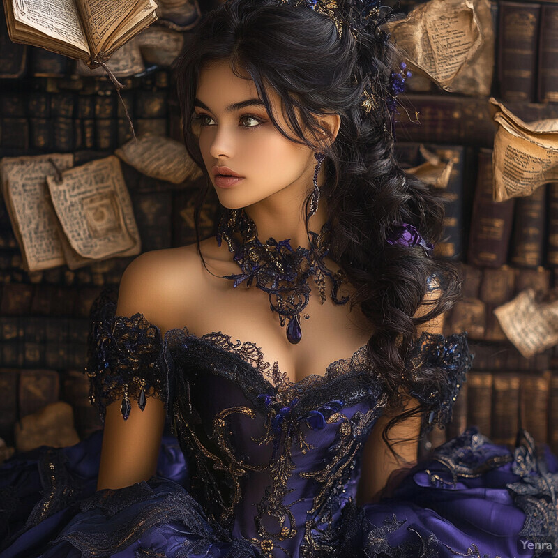 An enchantress sits in a library surrounded by books and mysterious objects, exuding an air of mystique and power.