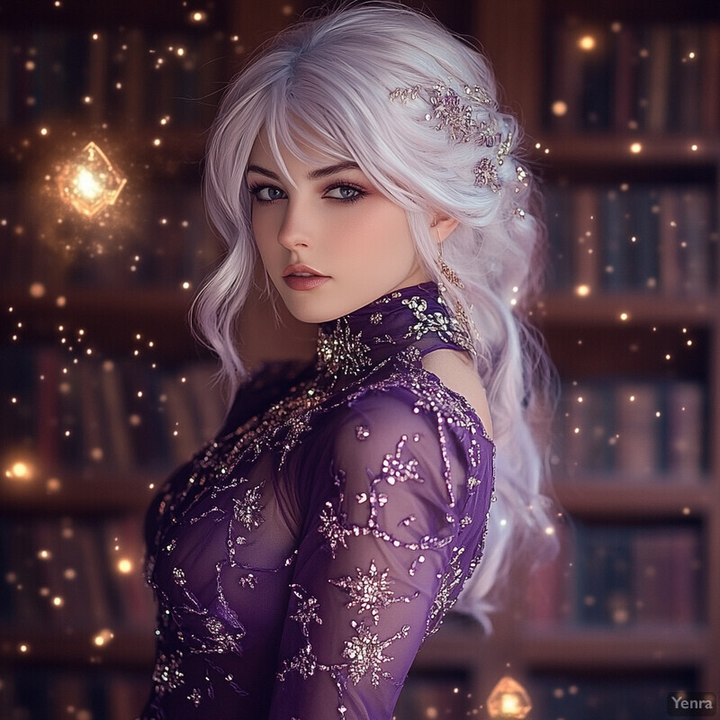 A woman with white hair and a purple dress stands confidently in front of a bookshelf, conveying an air of elegance and sophistication.