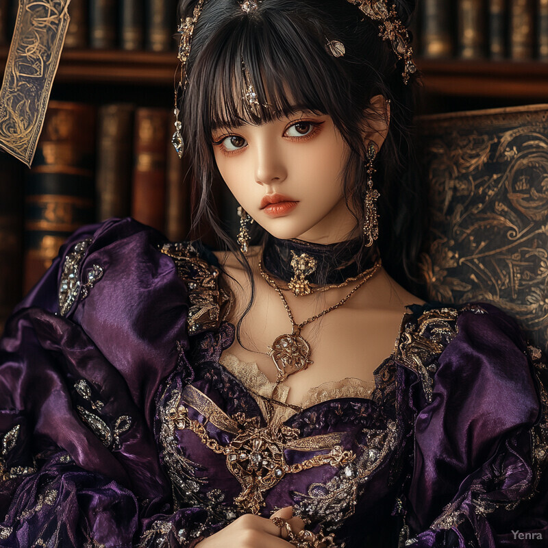 A young woman in an elaborate purple dress sits in front of a bookshelf, exuding sophistication and refinement.