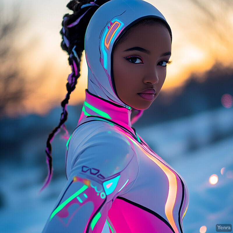 Aurora Huntress stands outdoors during sunset, wearing a white bodysuit with neon lights.