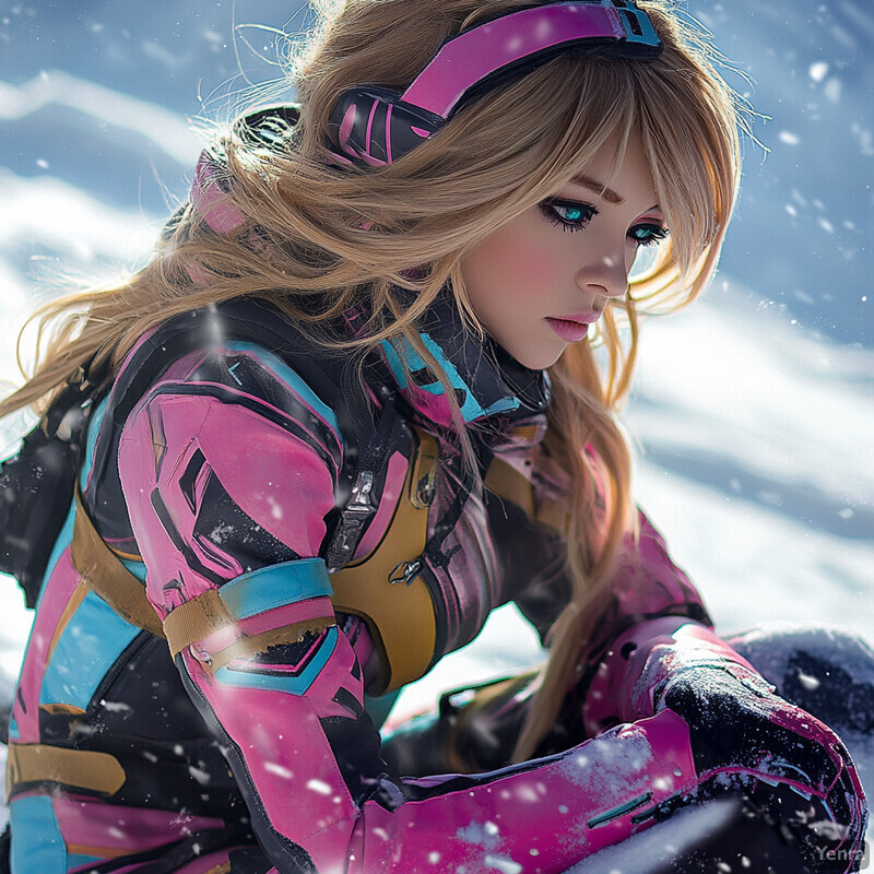 A woman in a pink ski suit enjoys the snowy landscape.