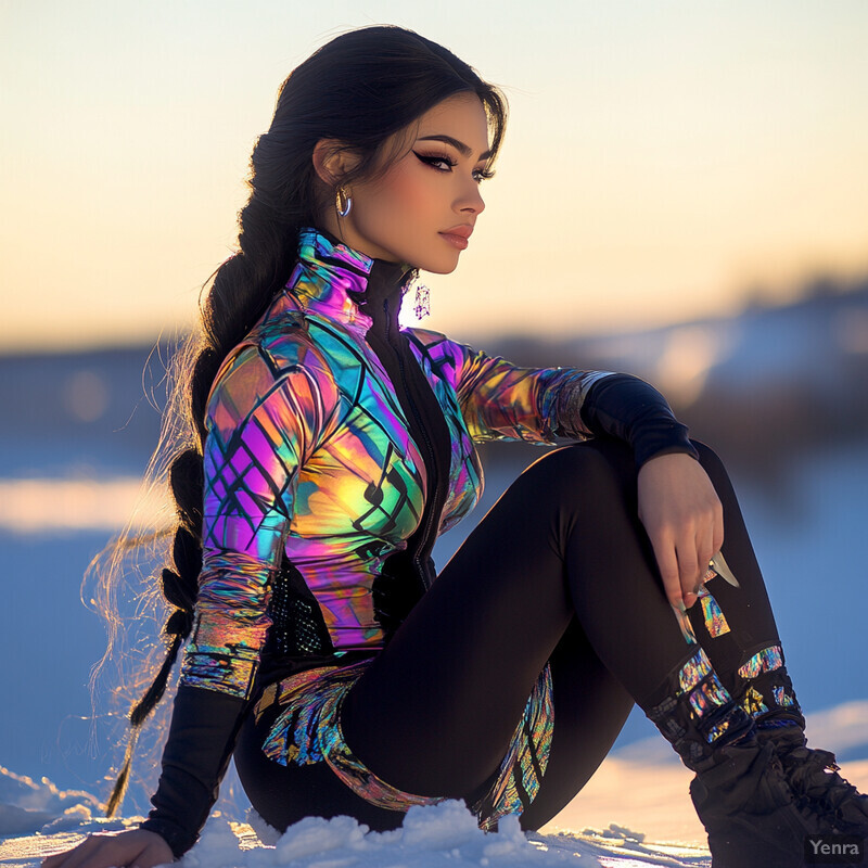 A woman sits in the snow wearing a multicolored jacket and matching boots.