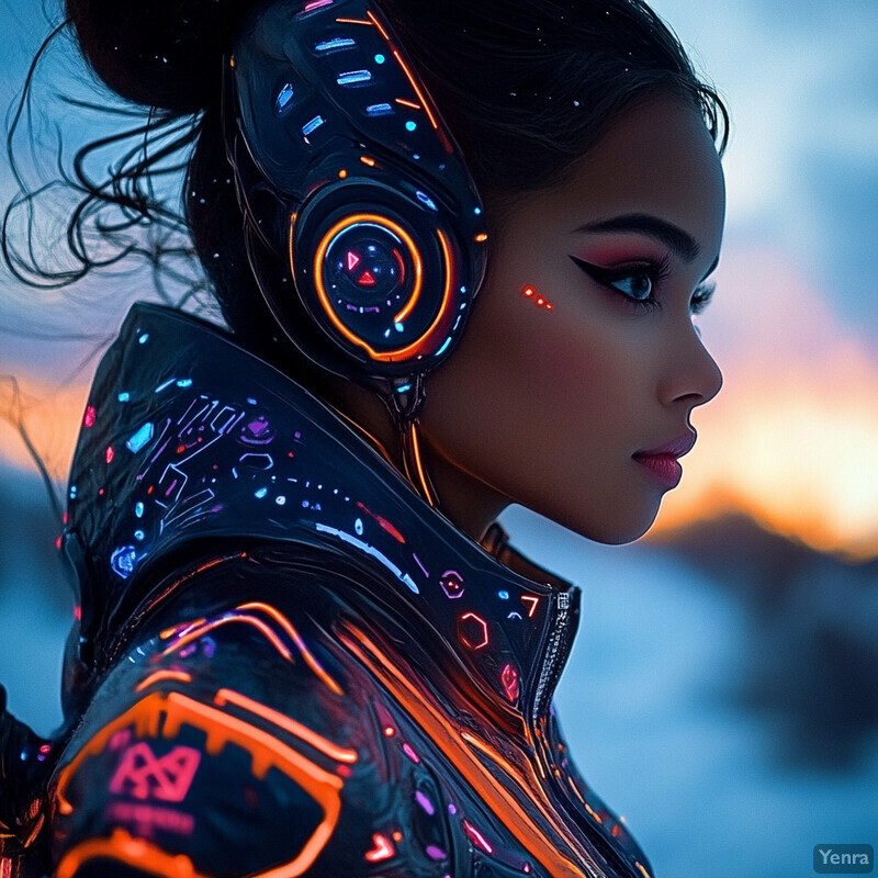 A woman wearing futuristic clothing and headphones stands in front of a blurred cityscape at night.