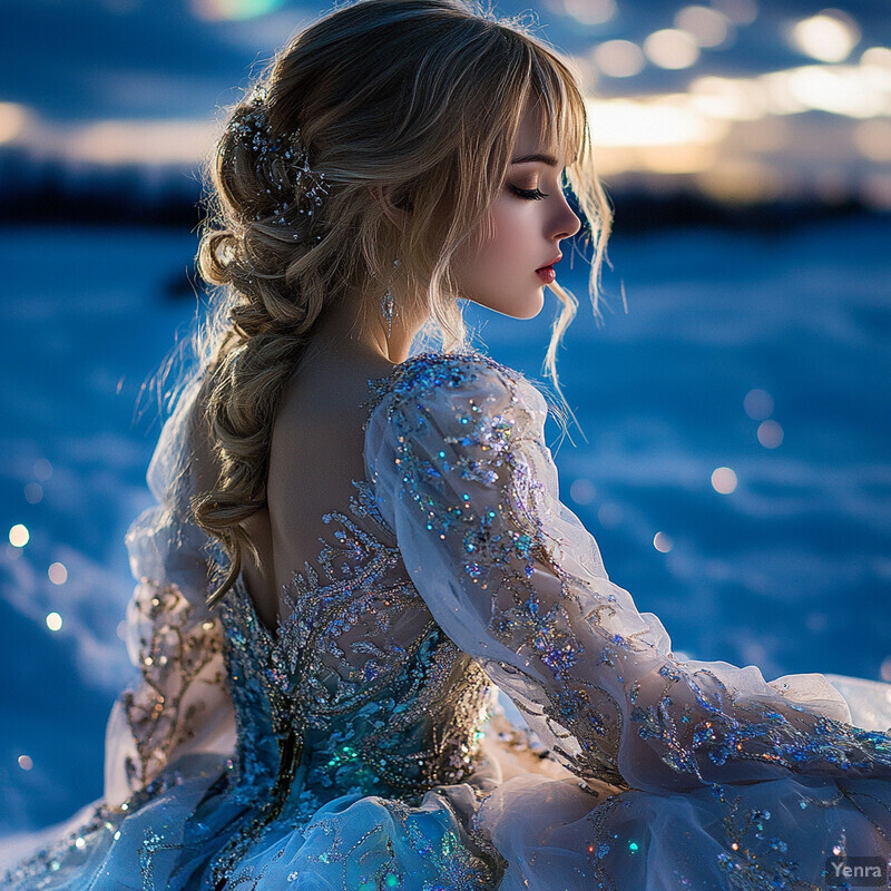 A woman in a blue dress sits on a rocky outcrop overlooking a body of water during sunset or sunrise.