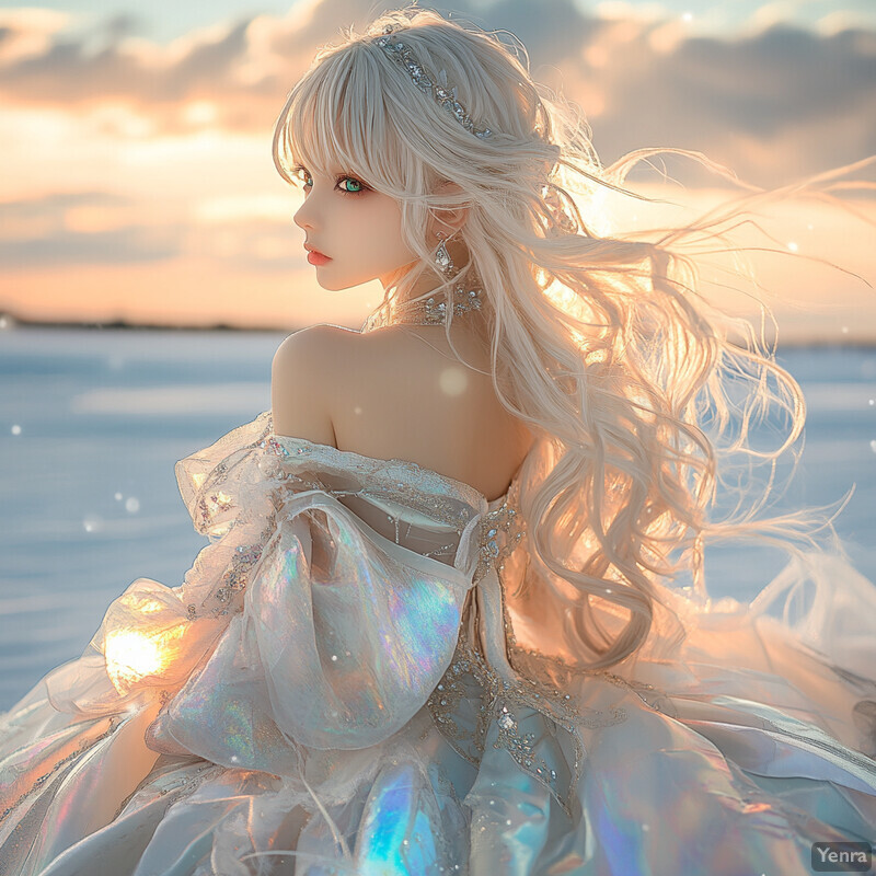 A young woman with long white hair stands on a beach or rocky shoreline, wearing an off-the-shoulder gown made of iridescent fabric and glittering jewels.