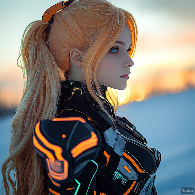 Aurora Valkyrie, a female character with long blonde hair and futuristic black leather jacket, standing outdoors at sunset.