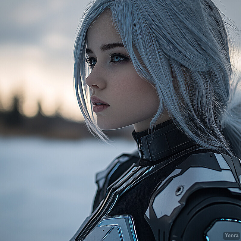 A woman with long, platinum blonde hair and piercing blue eyes, dressed in a futuristic black leather jacket adorned with silver accents.