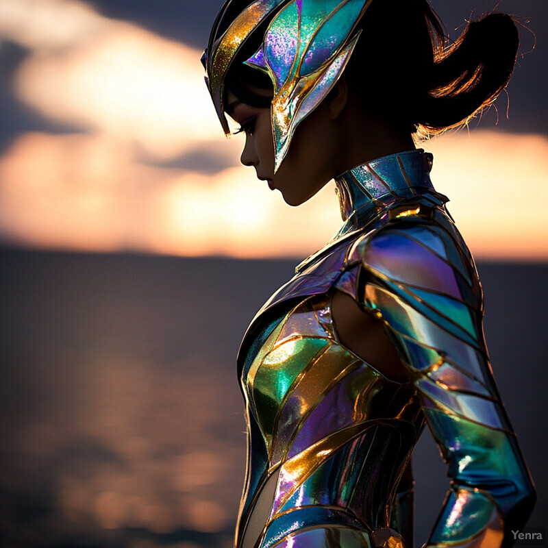 Aurora Valkyrie stands against the backdrop of a dark ocean at sunset or sunrise, her vibrant costume and matching eyeshadow and lipstick creating a striking visual effect.