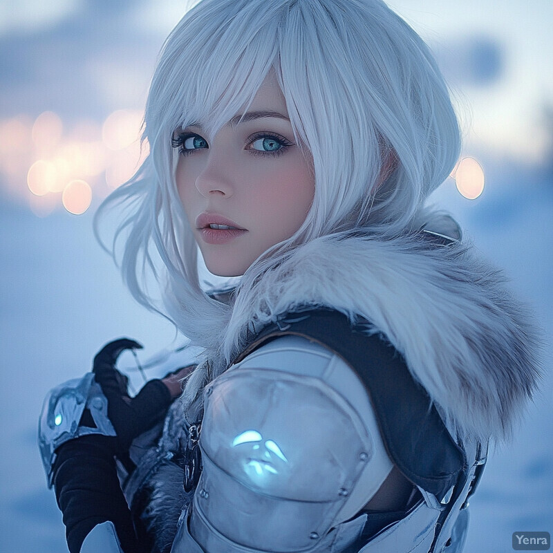 A woman with long white hair and blue eyes wears a silver armor suit in a fantasy setting.