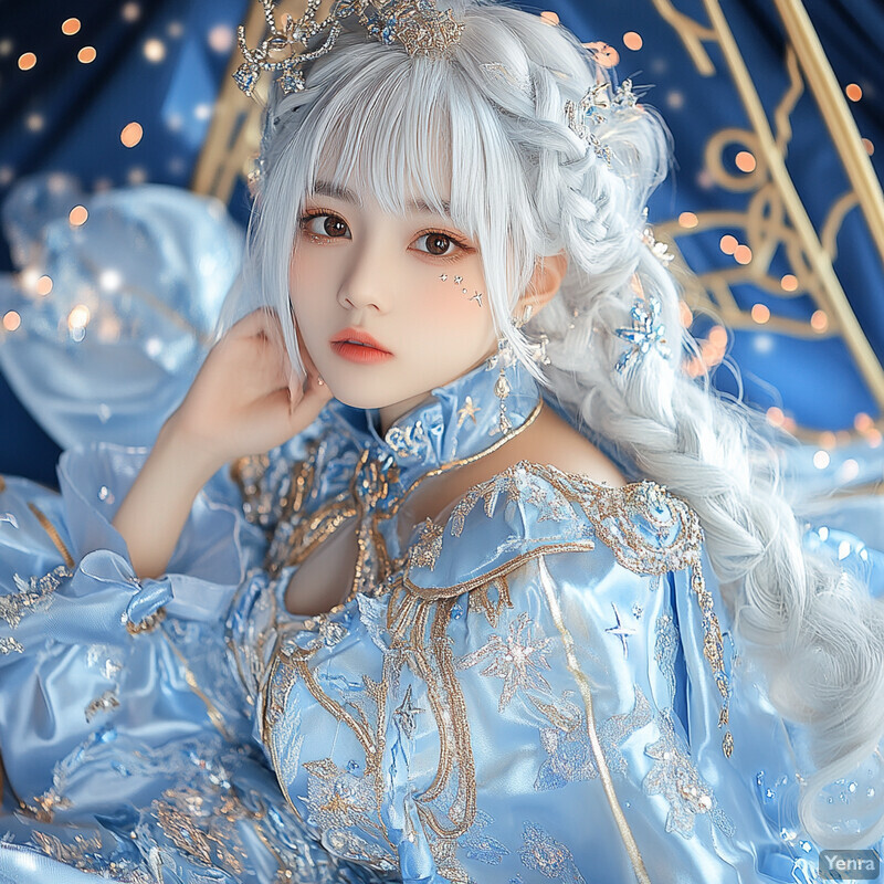 A serene and elegant portrait of a young woman with silver hair and intricate blue dress