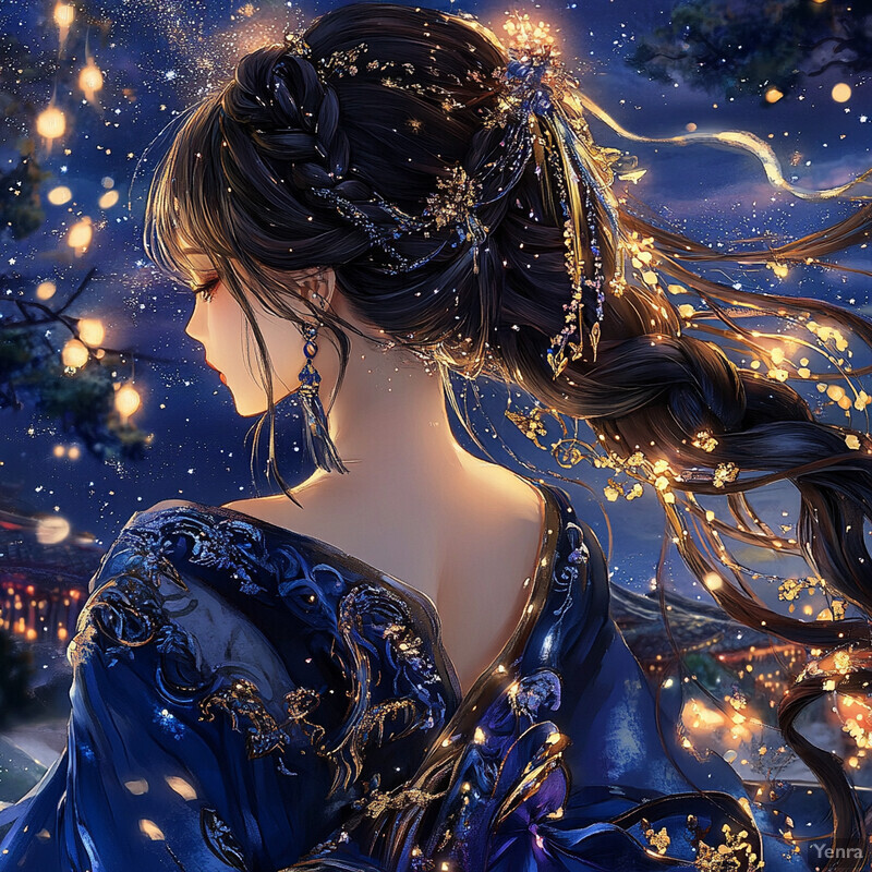 A woman with long, dark hair and a blue dress with gold accents is depicted in an elegant pose, surrounded by a blurred nighttime scene.