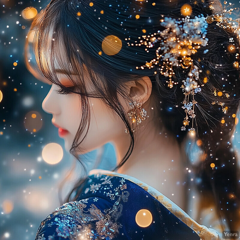 A woman with long dark hair and a blue embroidered dress is captured in an elegant updo, surrounded by flowers and sparkles, exuding understated elegance.