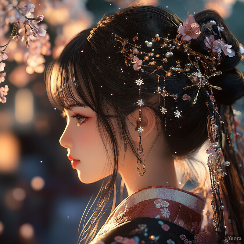 A serene anime-style illustration of a woman in traditional Japanese attire surrounded by cherry blossoms.