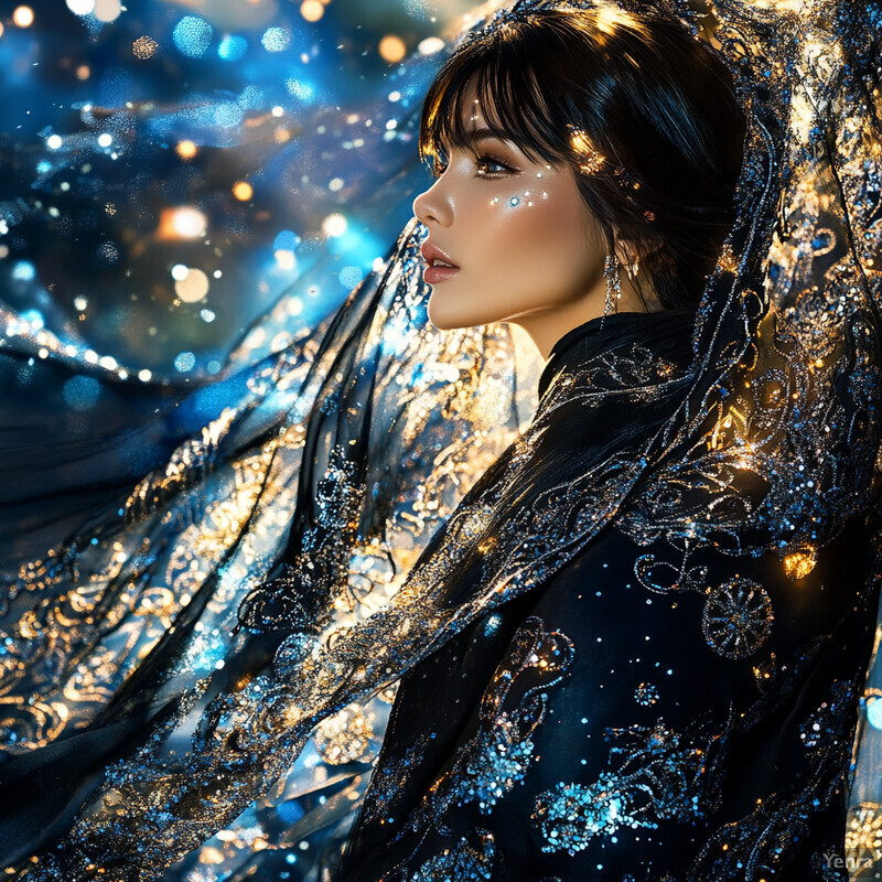 A woman with dark hair and bangs, dressed in a black velvet dress with gold embroidery, posing for a formal event or fashion photoshoot.