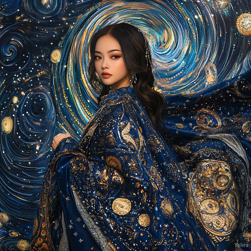 A woman wearing a blue dress with gold and silver celestial patterns poses in front of a starry night sky background