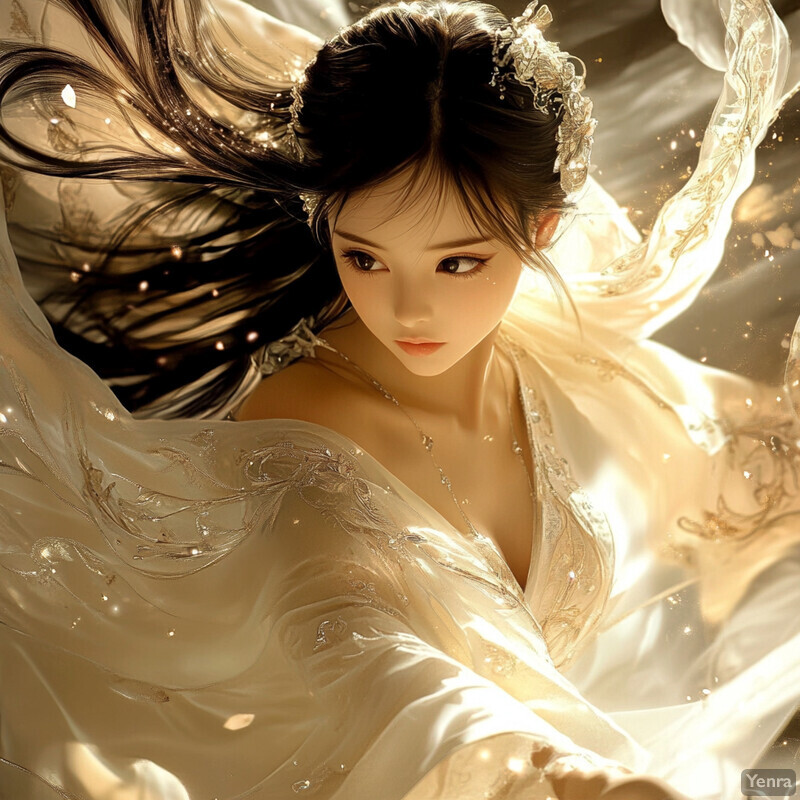 A young woman with long dark hair and a flowing white dress, surrounded by ethereal elements.