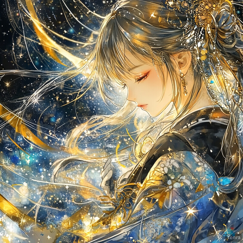 Anime-style illustration of a woman in a starry night sky