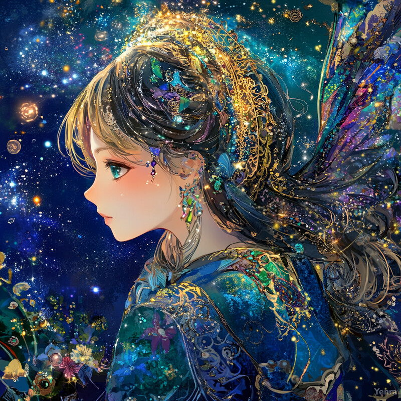 A serene depiction of a woman surrounded by stars and planets, gazing upwards towards the sky.