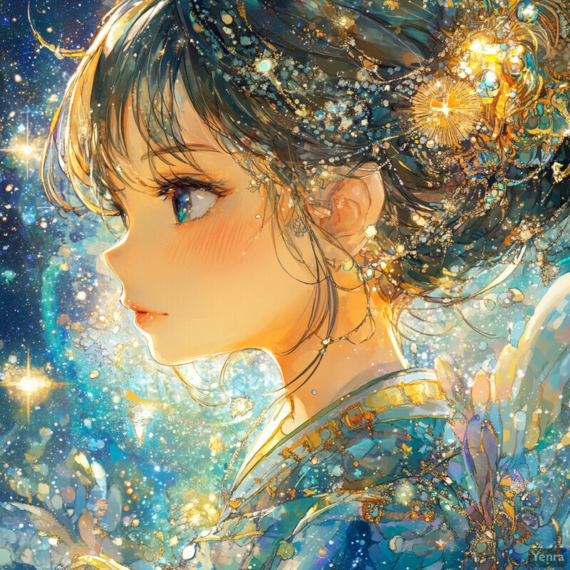 Anime-style illustration of a young woman in a light blue dress with intricate gold designs, set against a deep blue background with white stars and subtle hints of gold.