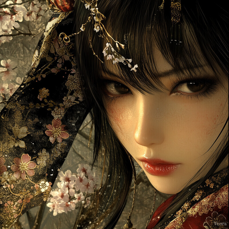 A woman with long black hair and bangs wears a traditional Japanese kimono adorned with cherry blossom patterns.