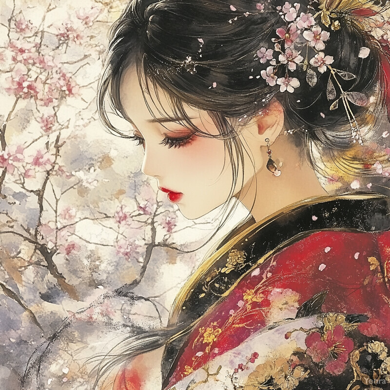 A woman with dark hair and a red kimono in front of a cherry blossom tree background.