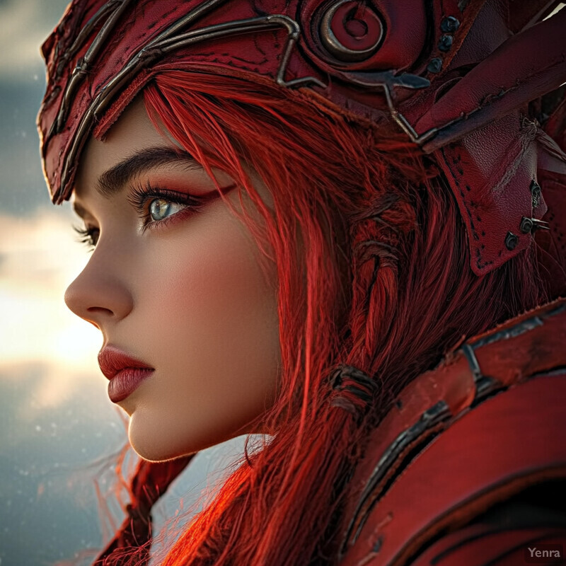 A woman in red attire gazes to her right in a fantasy-inspired outdoor setting.