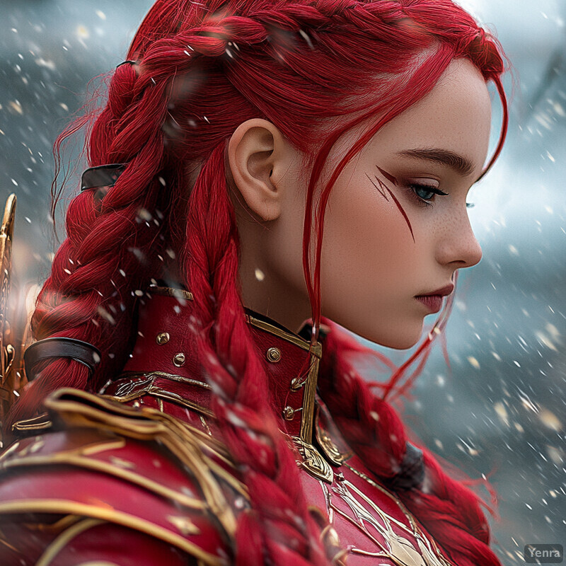 A woman with red hair in braids wears a red leather armor set with gold accents, gazing rightward.