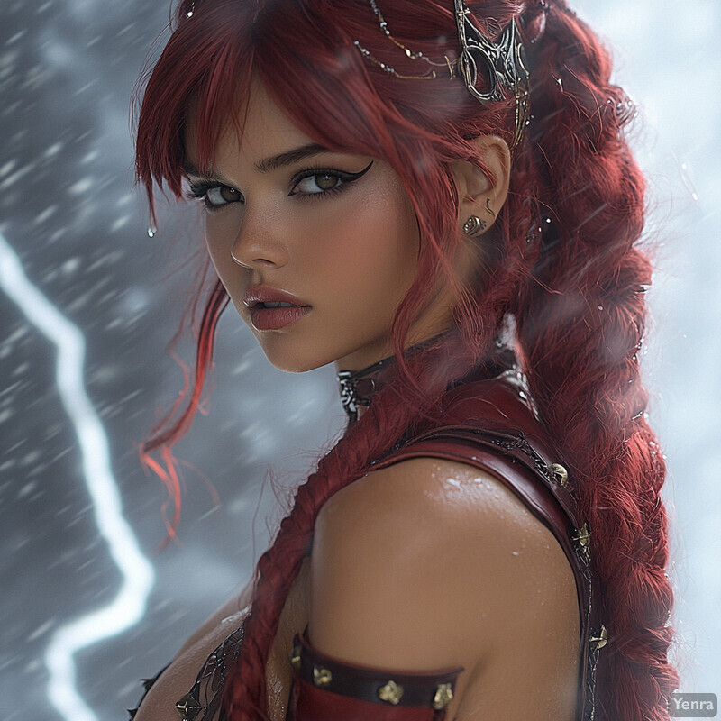 A woman with red hair and silver jewelry in a fantasy setting