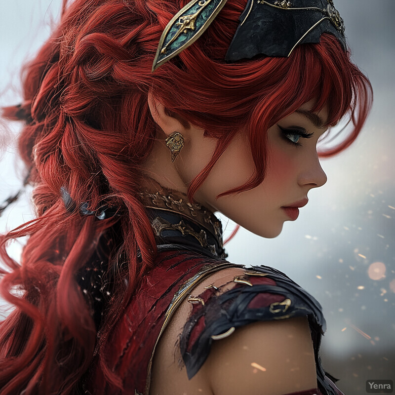 A woman with striking red hair and armor, exuding strength and power in an outdoor setting.