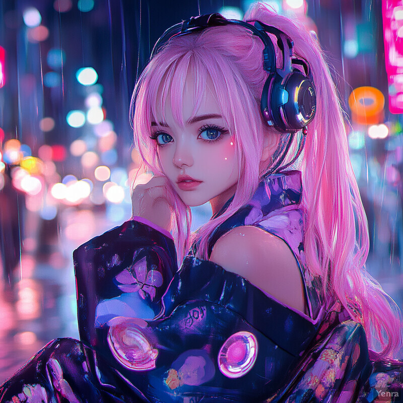 A young woman with pink hair and blue eyes wears headphones against a blurred city street background.