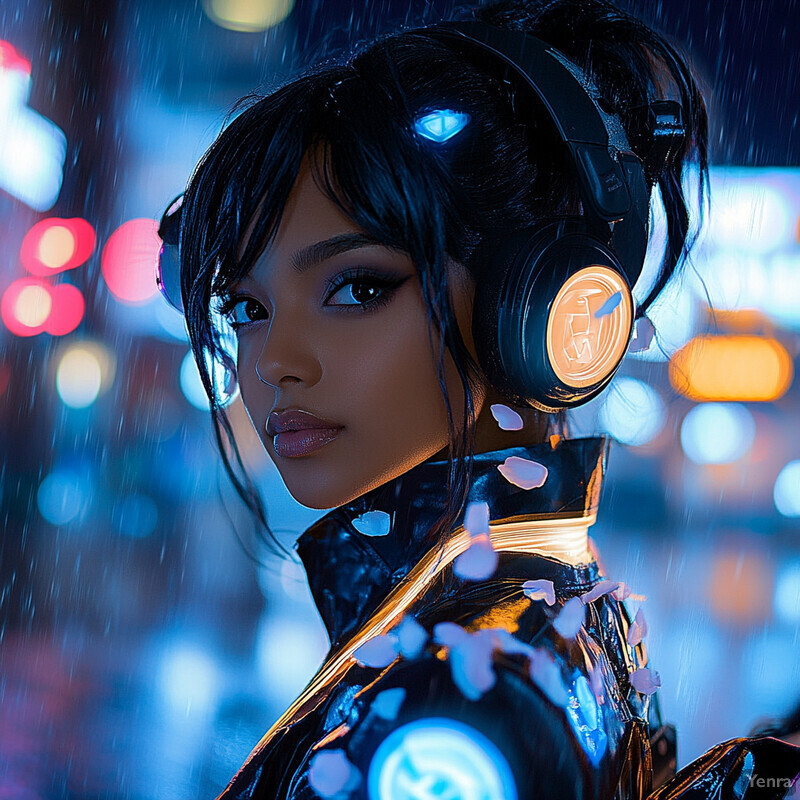 A woman with dark skin and long black hair styled in a ponytail, dressed in a futuristic black jumpsuit and wearing large headphones, set against an out-of-focus city background at night.