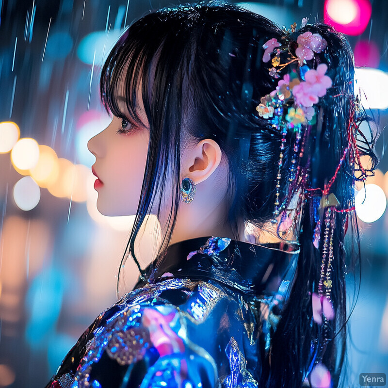 A woman with long black hair and a shiny blue jacket or dress poses for a photo shoot in a dimly lit environment with neon lights and rain visible in the background.