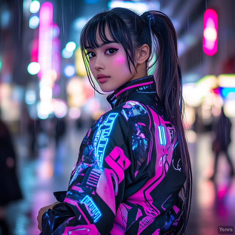 A young woman with long black hair and a cyberpunk-inspired outfit gazes over her right shoulder, set against an urban backdrop.