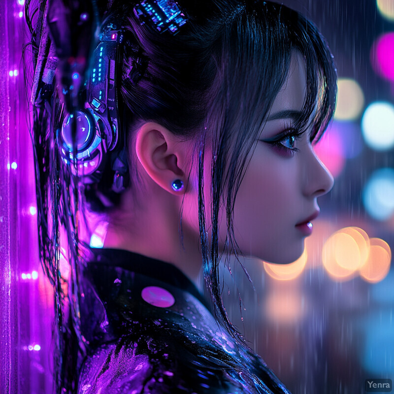 A woman with metallic accents in her hair and on her ear stands in front of a blurred cityscape at night.