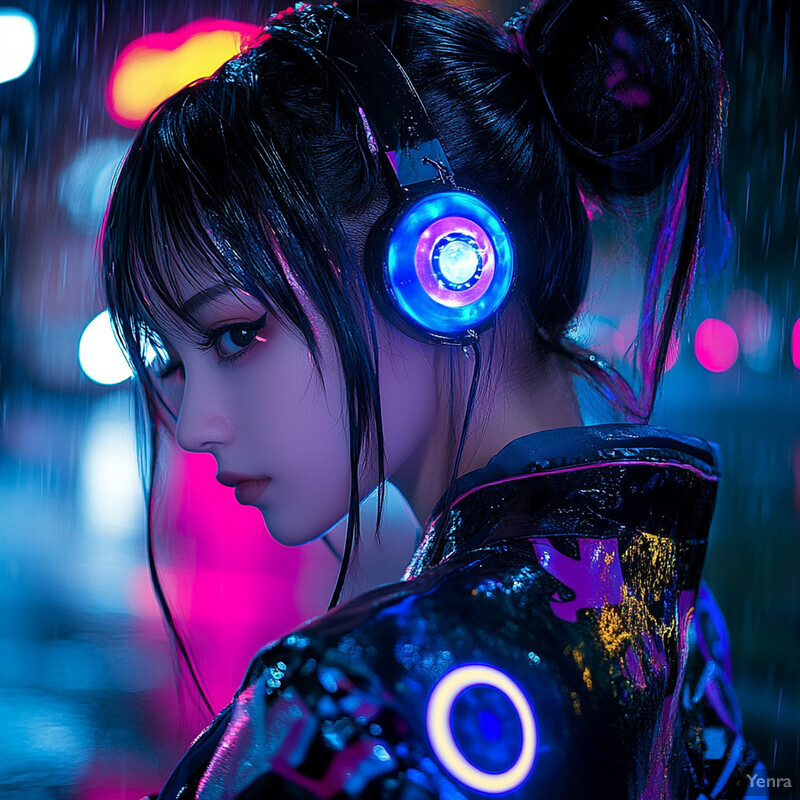 A woman with dark hair styled in a bun, wearing a black jacket, gazes to her left in front of a blurred cityscape at night illuminated by neon lights.