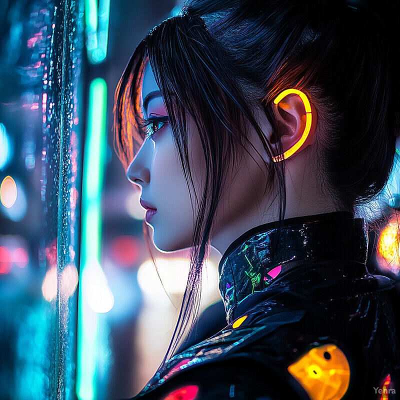 A woman stands in front of an abstract background featuring neon lights, wearing a futuristic outfit that appears to be some sort of armor or uniform.