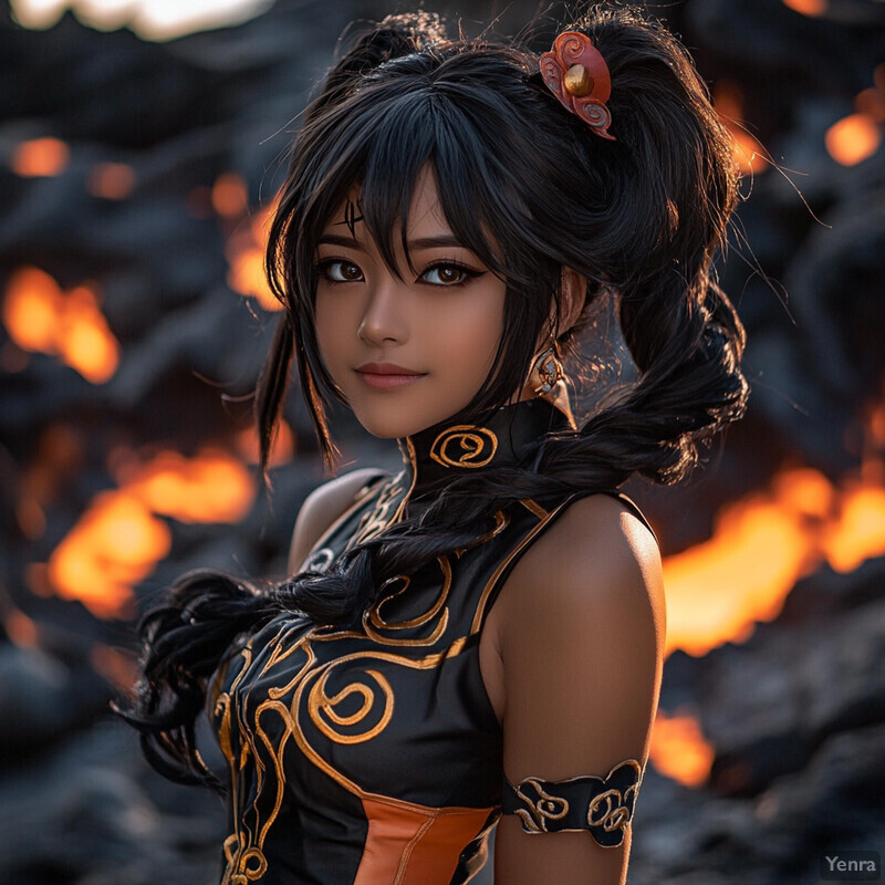 A woman dressed in an Asian-inspired costume stands against a backdrop of flames and lava.