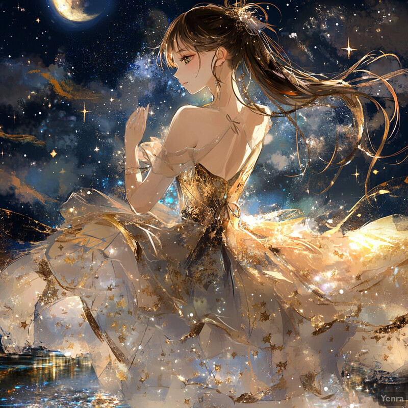 A serene and dreamy scene of a woman dancing under a starry sky with a crescent moon