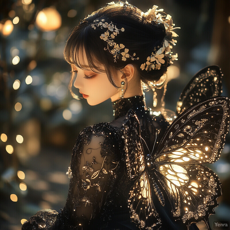 A woman with butterfly wings and flowers in her hair