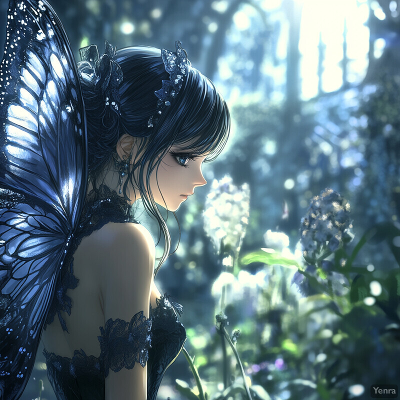 A woman with butterfly wings stands in a forest setting.